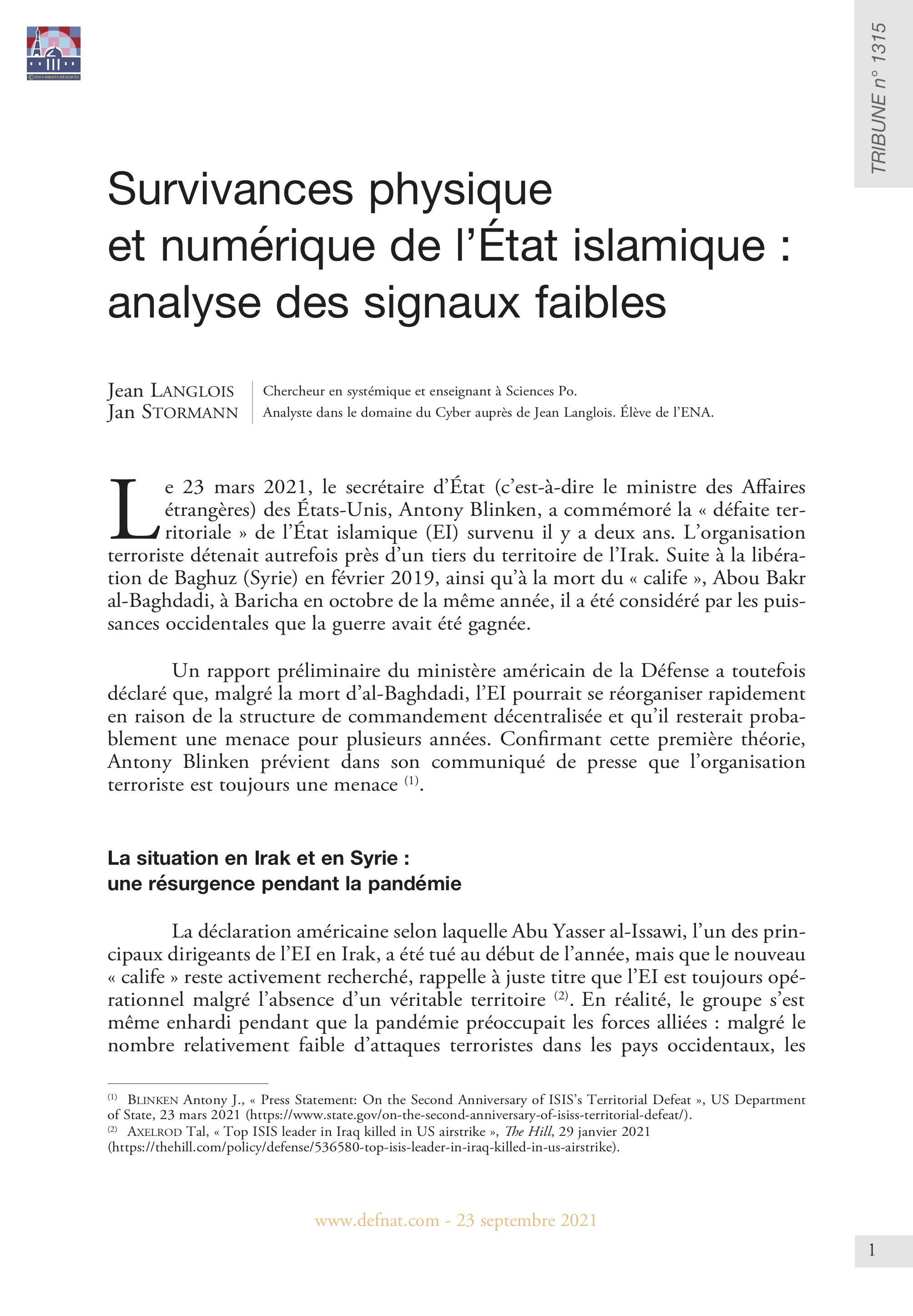 Survivances physique et numérique de l’État islamique : analyse des signaux faibles (T 1315)
